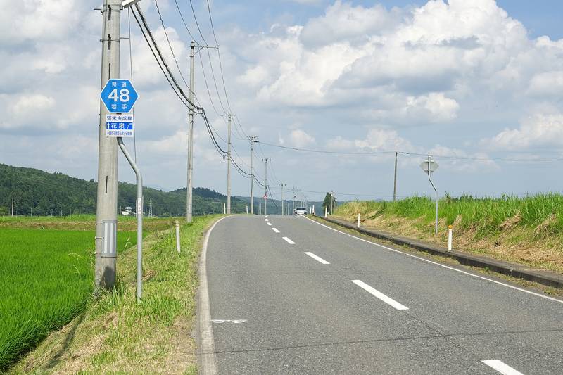 青い田んぼの間をまっすぐのびる花泉町の県道